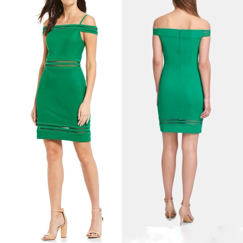 GUESS Off-The-Shoulder Shadow-Stripe Sheath Dress